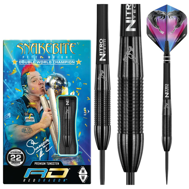 Peter Wright Snakebite 3 Black 90% Tungsten Steel Tip Darts by Red Dragon