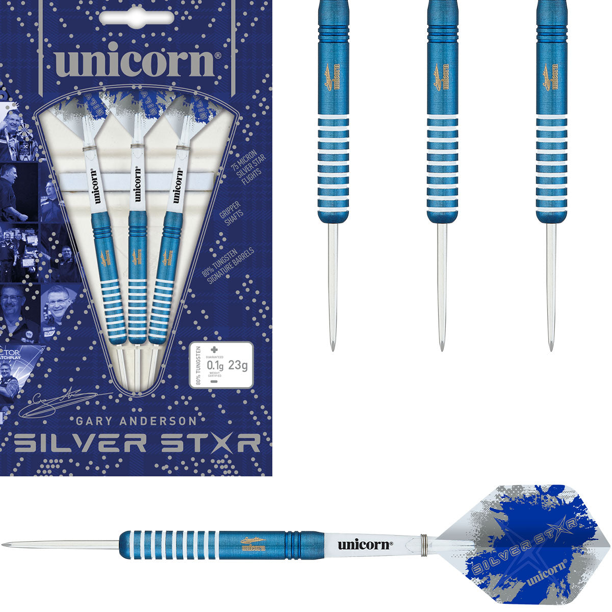 Gary Anderson Silver Star Blue 80% Tungsten Steel Tip Darts by Unicorn –  Double Top Darts